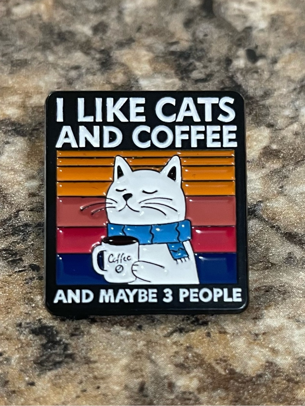 I Like Cats and Coffee Enamel Pin - White Cat with Blue Scarf
